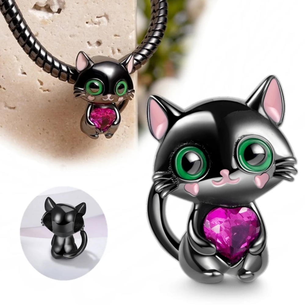 New Black Cat Silver Plated Fit Charm, with pink heart Rhinestone